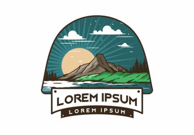 Dağ illüstrasyon tasarımının arkasında gün doğumu