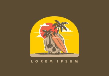 Sörf tahtası ve kafatası çizimi tasarımı