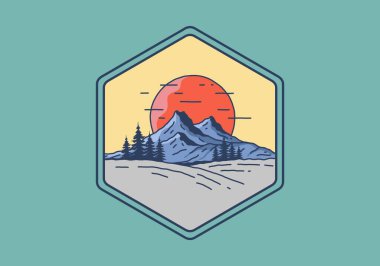 Dağ ve büyük güneş çizimi tasarımı