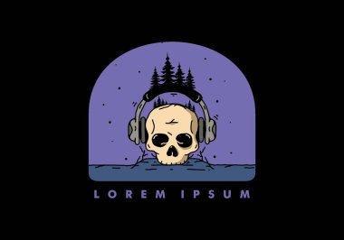 Kulaklıklı kafatası ve çam ağaçları çizim tasarımı