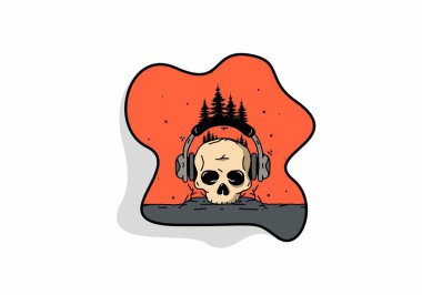 Kulaklıklı kafatası ve çam ağaçları çizim tasarımı