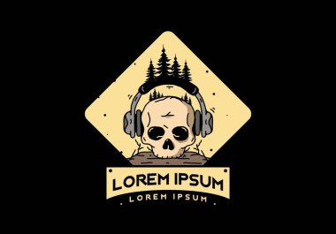 Kulaklıklı kafatası ve çam ağaçları çizim tasarımı