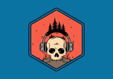 Kulaklıklı kafatası ve çam ağaçları çizim tasarımı