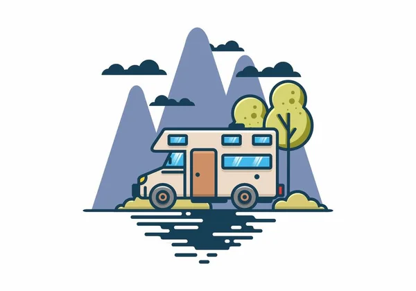 Linie Artă Motorhome Design Ilustrație Plat — Vector de stoc