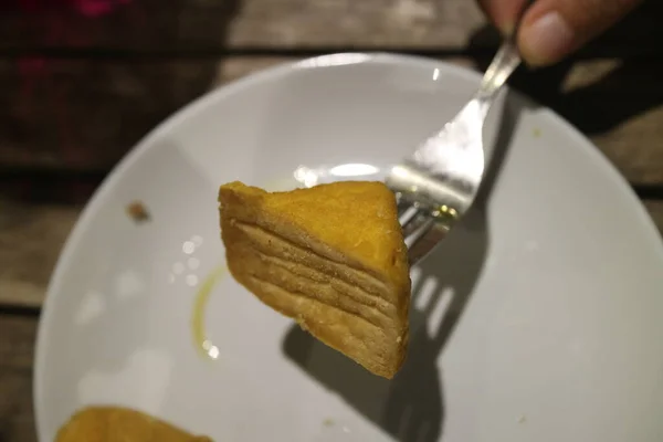 Fried Tofu Stabbed Fork Photo — Foto Stock