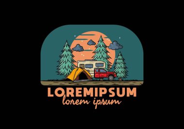 Karavan doğa illüstrasyon tasarımında kamp yapıyor.