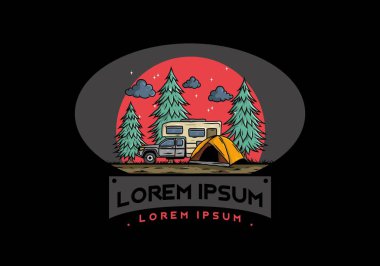 Karavan doğa illüstrasyon tasarımında kamp yapıyor.