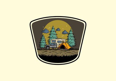 Karavan doğa illüstrasyon tasarımında kamp yapıyor.