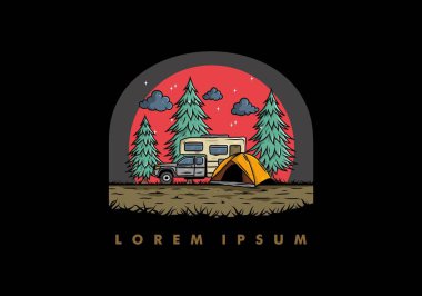 Karavan doğa illüstrasyon tasarımında kamp yapıyor.