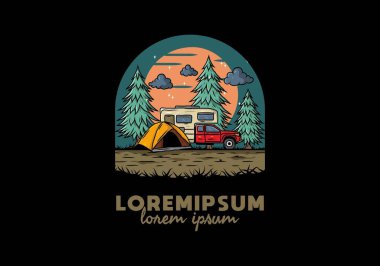 Karavan doğa illüstrasyon tasarımında kamp yapıyor.