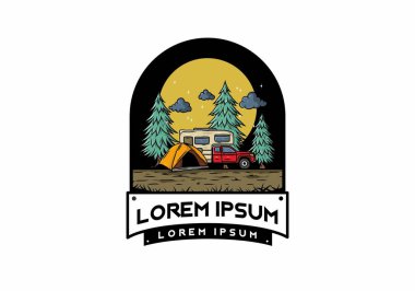 Karavan doğa illüstrasyon tasarımında kamp yapıyor.