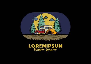 Karavan doğa illüstrasyon tasarımında kamp yapıyor.