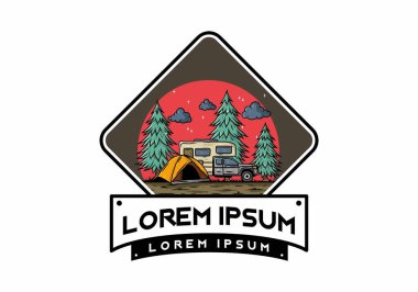 Karavan doğa illüstrasyon tasarımında kamp yapıyor.