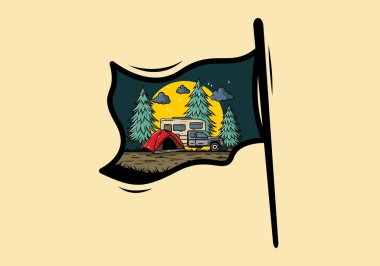 Karavan doğa illüstrasyon tasarımında kamp yapıyor.