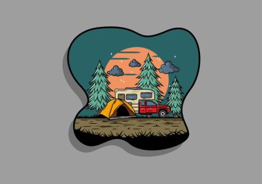 Karavan doğa illüstrasyon tasarımında kamp yapıyor.