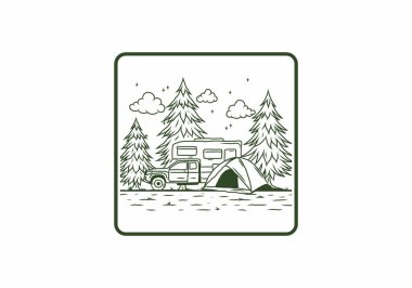 Karavan doğa illüstrasyon tasarımında kamp yapıyor.