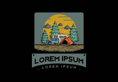 Karavan doğa illüstrasyon tasarımında kamp yapıyor.