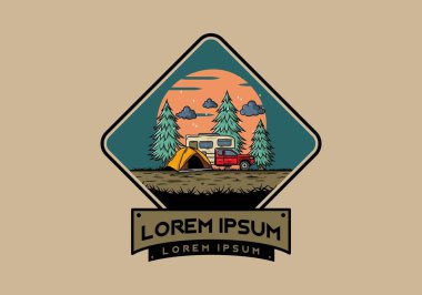 Karavan doğa illüstrasyon tasarımında kamp yapıyor.