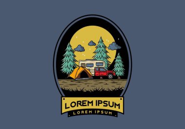 Karavan doğa illüstrasyon tasarımında kamp yapıyor.