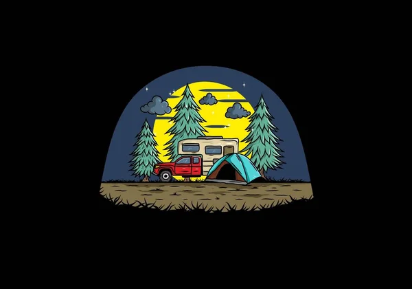 Van Camping Natureza Ilustração Design — Vetor de Stock