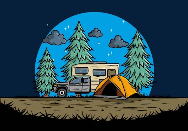 Camping Van Camping Dans Nature Illustration Design — Image vectorielle