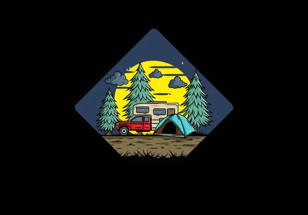 Van Camping Natureza Ilustração Design — Vetor de Stock