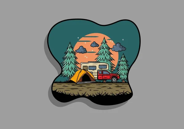 Van Camping Natureza Ilustração Design — Vetor de Stock