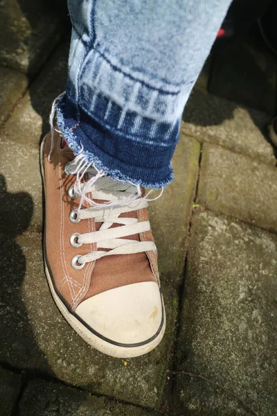 Sapatos Castanhos Com Laços Brancos Foto — Fotografia de Stock