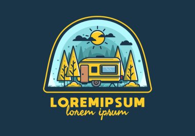 Çam ağaçlı Campervan kutusu düz illüstrasyon tasarımı