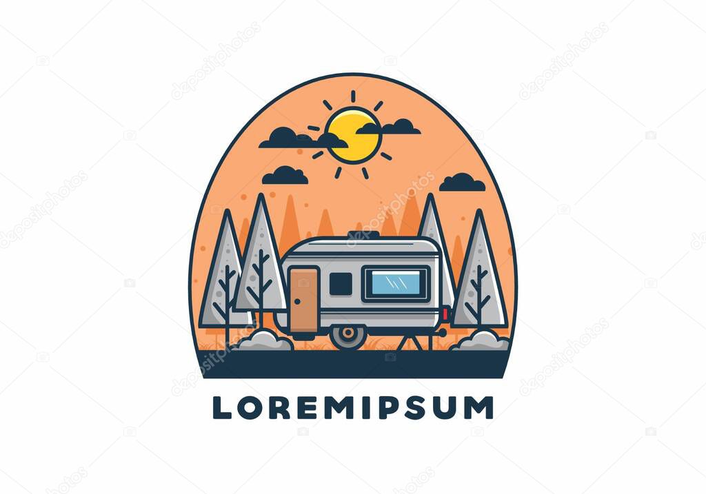 Campervan box with pine trees flat illustration design