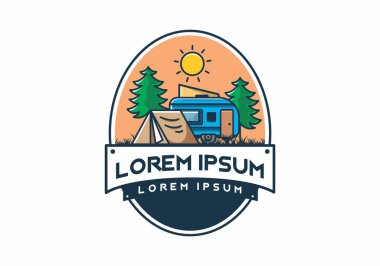 Kamp minibüsü ve çadır çam ağaçları çizim tasarımı