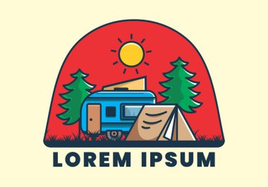 Kamp minibüsü ve çadır çam ağaçları çizim tasarımı