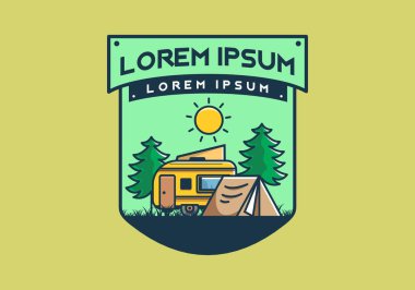 Kamp minibüsü ve çadır çam ağaçları çizim tasarımı