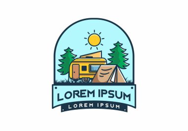 Kamp minibüsü ve çadır çam ağaçları çizim tasarımı