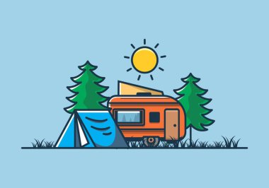 Kamp minibüsü ve çadır çam ağaçları çizim tasarımı