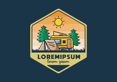 Kamp minibüsü ve çadır çam ağaçları çizim tasarımı