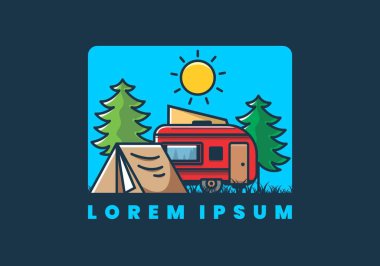 Kamp minibüsü ve çadır çam ağaçları çizim tasarımı