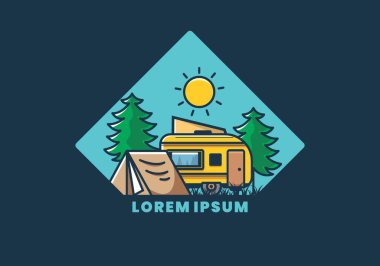 Kamp minibüsü ve çadır çam ağaçları çizim tasarımı