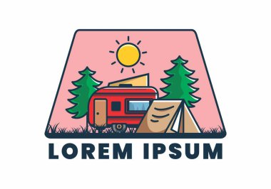 Kamp minibüsü ve çadır çam ağaçları çizim tasarımı