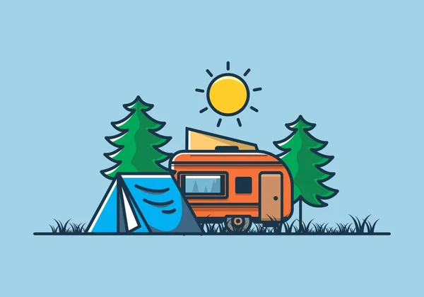 Camping Van Namiot Między Sosnami Projekt Ilustracji — Wektor stockowy