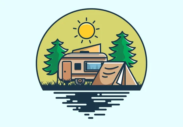Kamp minibüsü ve çadır çam ağaçları çizim tasarımı