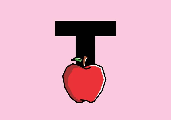 赤いリンゴとT初期の手紙で硬いアートスタイルのデザイン — ストックベクタ