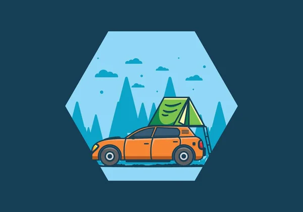 Camping Med Bil Platt Illustration Design — Stock vektor