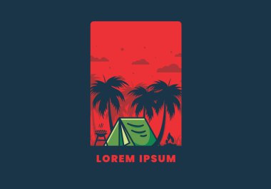 Renkli kamp çadırı ve hindistan cevizi ağaçları çizimi