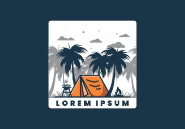 Renkli kamp çadırı ve hindistan cevizi ağaçları çizimi