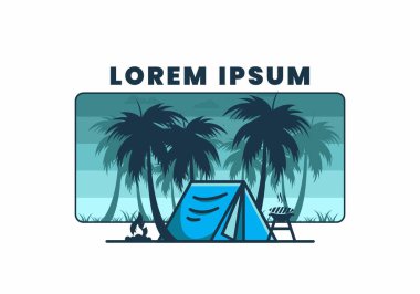 Renkli kamp çadırı ve hindistan cevizi ağaçları çizimi