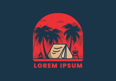 Renkli kamp çadırı ve hindistan cevizi ağaçları çizimi