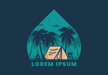 Renkli kamp çadırı ve hindistan cevizi ağaçları çizimi