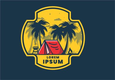 Renkli kamp çadırı ve hindistan cevizi ağaçları çizimi