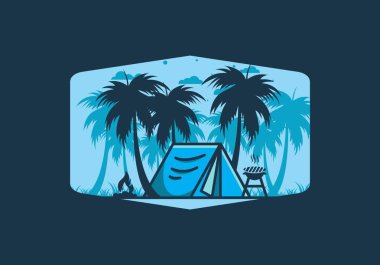 Renkli kamp çadırı ve hindistan cevizi ağaçları çizimi